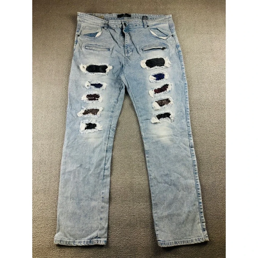 Focus Jeans Men 44 Blue Slim Biker Moto Distressed‎ Patched Biker Moto Hip Hop